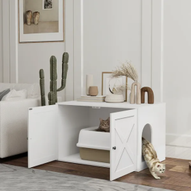 Cat Litter Box Enclosure With Barn Door, Cat Hole (Color: White)