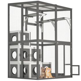 Outdoor Wooden Cat Catio - Large Solid Wood Cat Cage Playpen With 2 Jumping Platforms & 7 Napping Houses, Walk-in Cat Kennel Condo Shelter, Grey (Color: Grey)