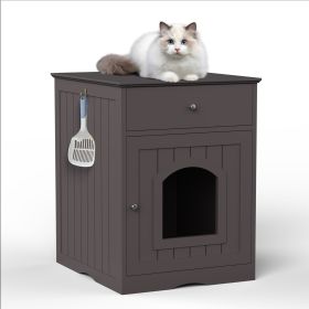 Wooden Pet House Cat Litter Box Enclosure With Drawer & Side Table (Color: Brown)